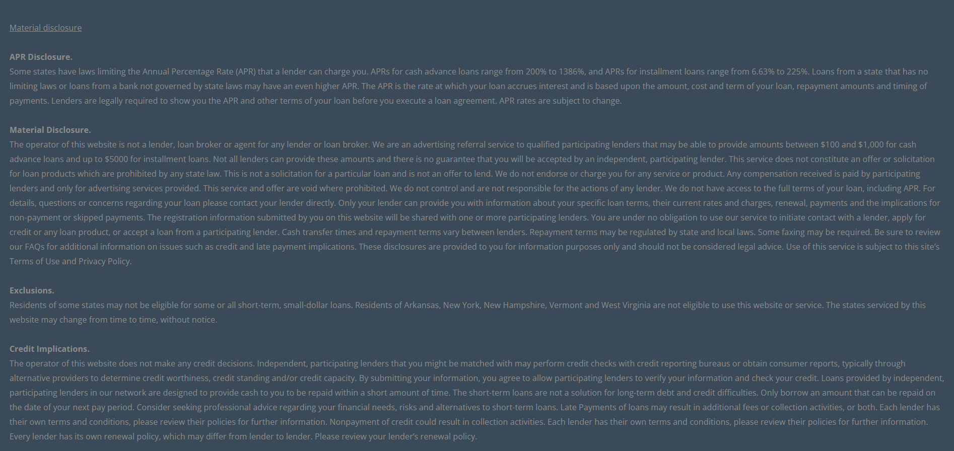 Material disclosure for payday loans in Bellevue Washington